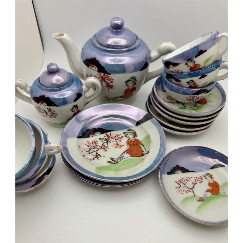 Vintage 18-piece Lusterware Child's Tea Set Hand Painted Made in Japan